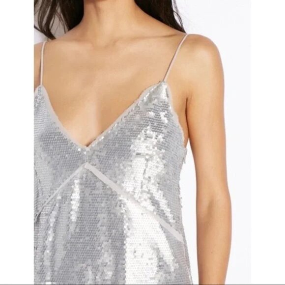 Mango Silver Sequin & Mesh Trim V-Neck Spaghetti Strap Mini Party Cocktail Dress - Picture 4 of 16